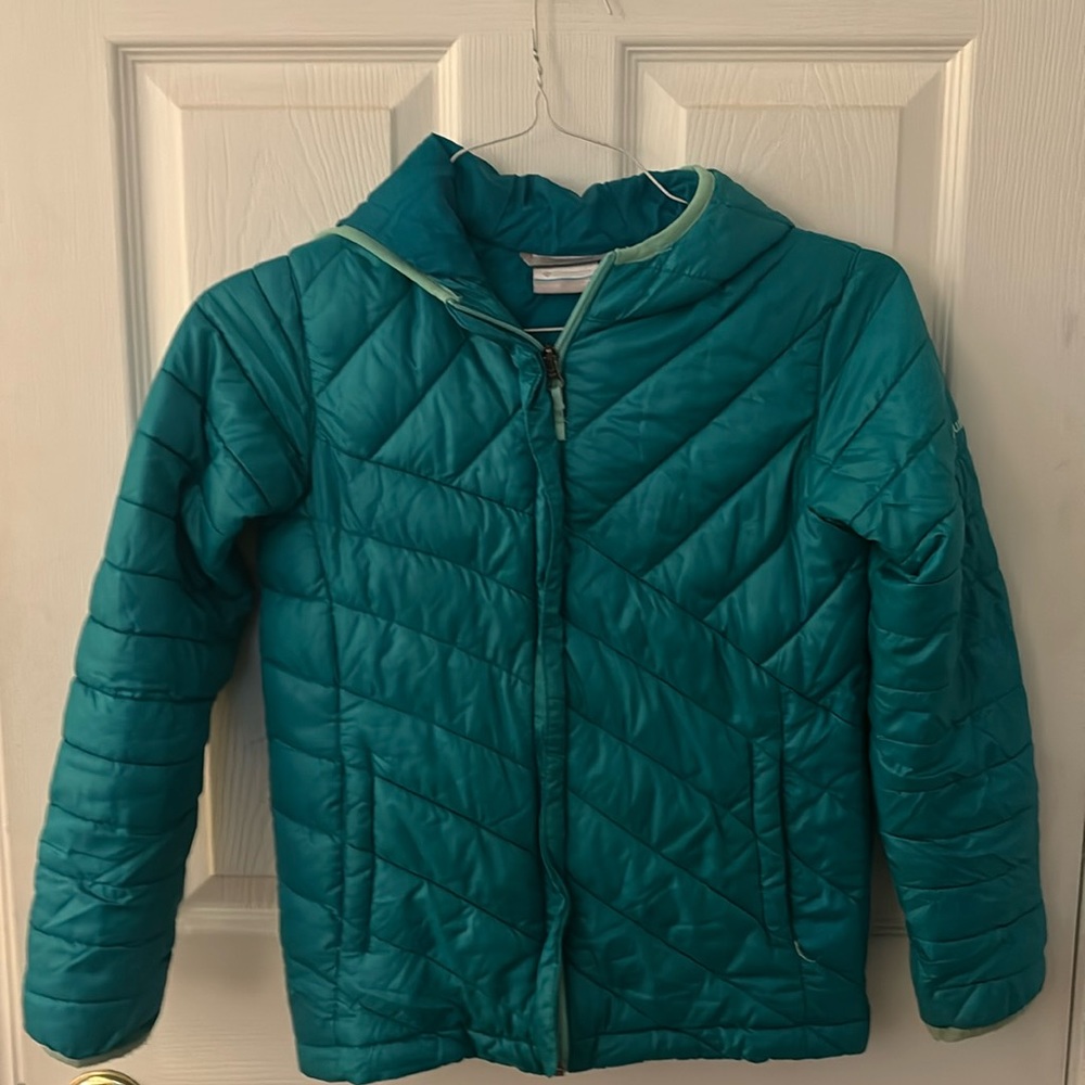 Columbia hood jacket. Teal. Girls M (10-12)